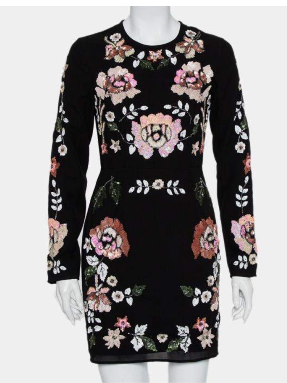 Needle & Thread Black Mini Dress with Pink & Cream Sequin Florals